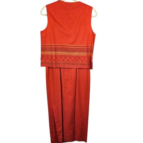 Maggy London Orange Embroidered Linen/Cotton Sleeveless Maxi Dress Vest Size 10 - Picture 13 of 15